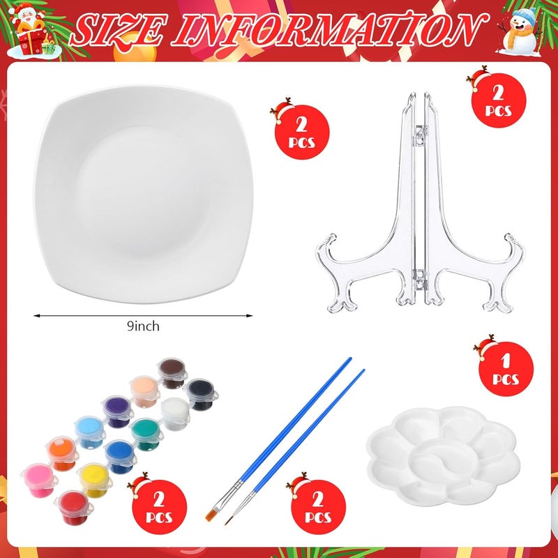 Affrolling Paint Your Own Porcelain Plates Ceramic Painting Kit Included 2 Pcs Porcelain Plates 2 Brushes 12 Paints 2 Stands Paint and 1 Pcs Color Palette, Pottery Kit for Adults(Square) - Image 2